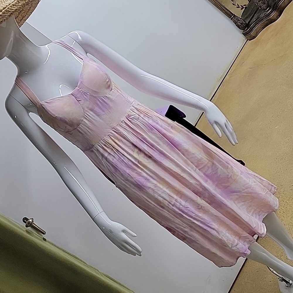 AUW 100% Rayon Adjustable Strap Watercolor Tie Dye Bustier Style Top Dress